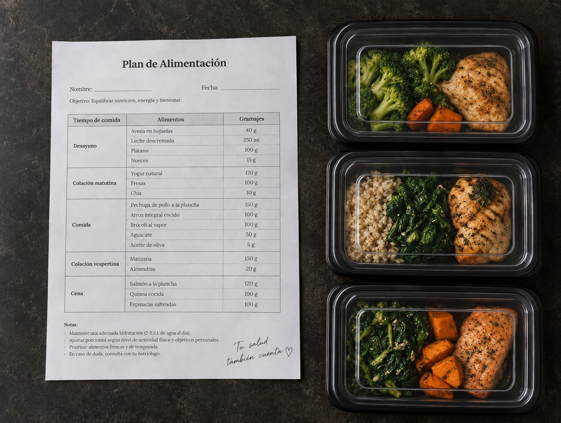 Ejemplo de un plan de alimentación impreso junto a tres tuppers con comida preparada: pollo con brócoli y camote, pollo con arroz y espinacas, y salmón con espinacas y camote.