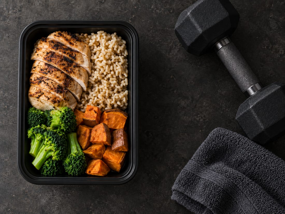 Tupper de plan Gainz visto desde arriba: pechuga de pollo a la plancha rebanada, arroz integral, brócoli al vapor y camote rostizado.